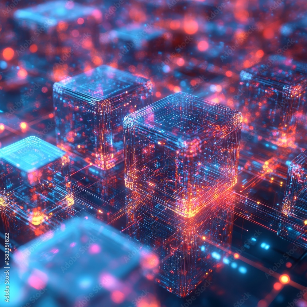 Poster abstract glowing cubes with digital connections, symbolizing technology and data, illuminated with a
