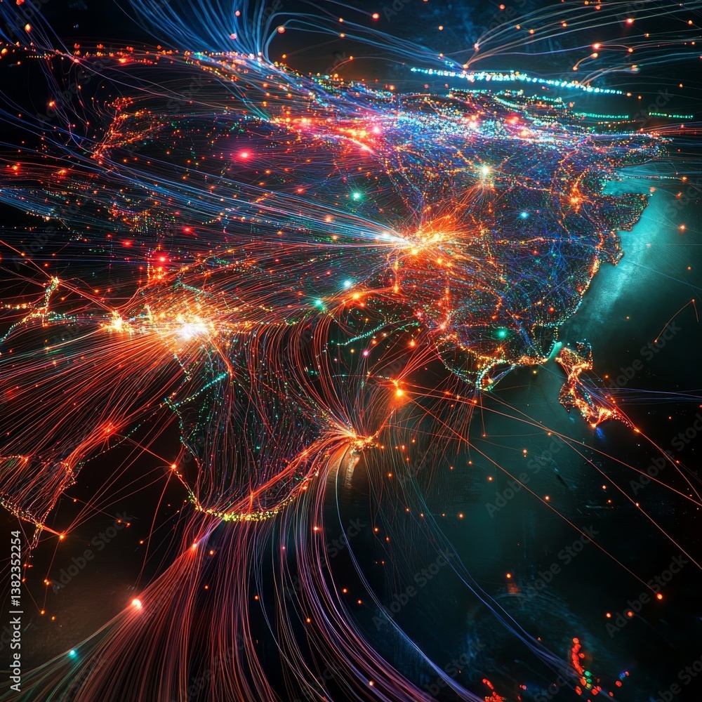 Poster asia's interconnected data network: a vibrant visualization of digital communication and infrastruct