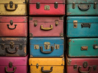 A stack of old, colorful suitcases shows vintage travel.  The worn paint and aged metal add character. Perfect for travel or nostalgia projects.