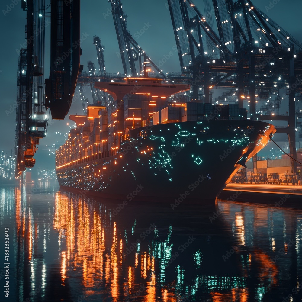 Poster cargo ship at night: reflections of global trade in a busy port with towering cranes and container v