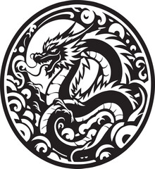 Naklejka premium Abstract black round dragon in a circular form with ink splatter isolated on white background,