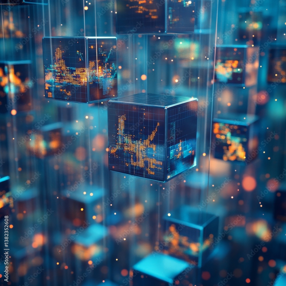 Poster cityscape in cubic data: abstract visualization of digital information and interconnected networks