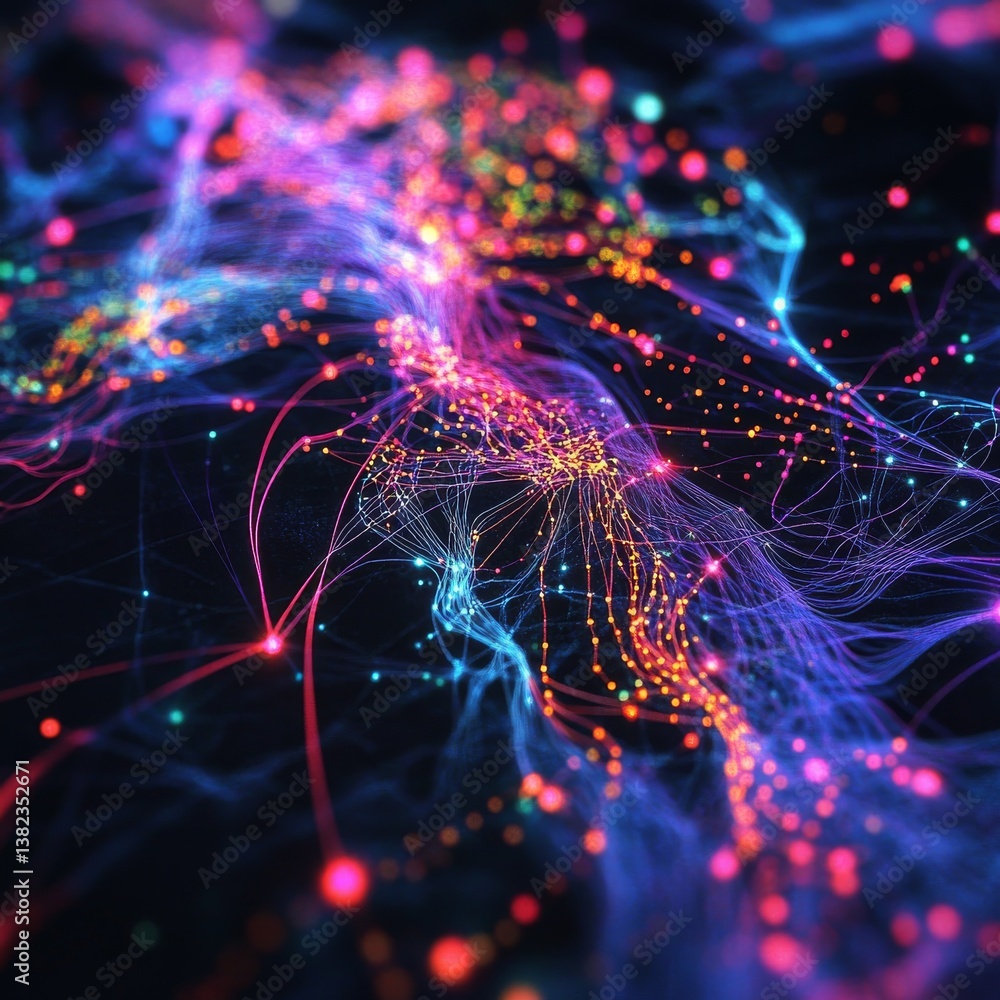 Poster colorful abstract network: digital data stream with glowing nodes and interconnected lines