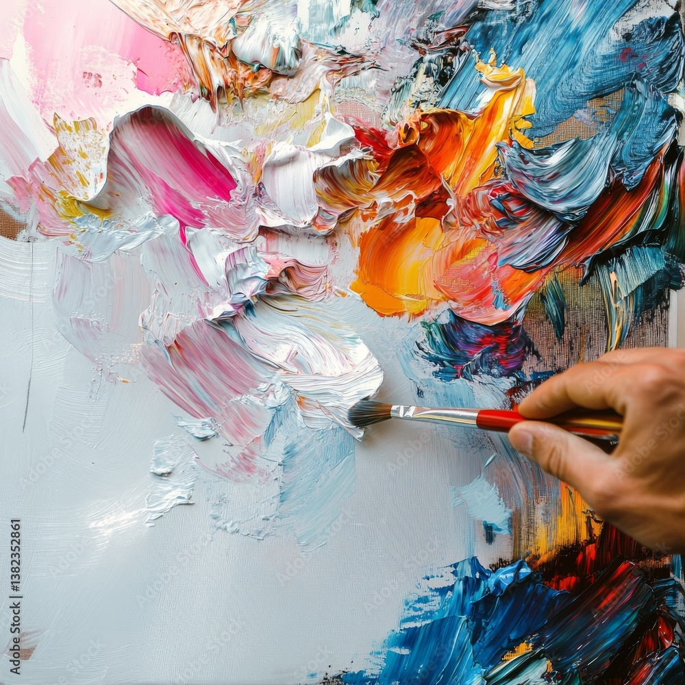 Aufkleber creating a colorful abstract masterpiece: hand applying thick impasto paint with a brush on canvas
