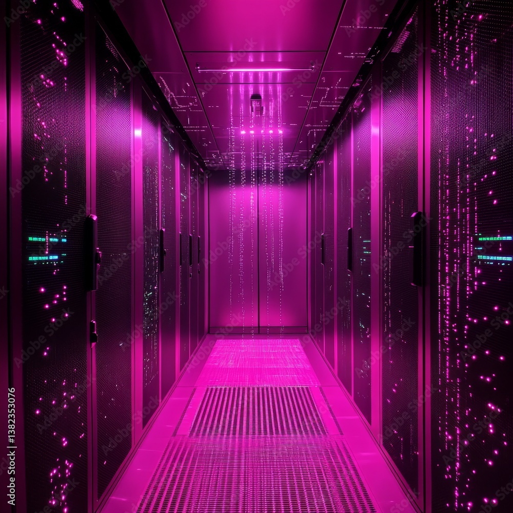 Poster data center illuminated in magenta: a corridor of servers and network infrastructure