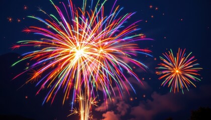 Fototapeta premium A colorful fireworks display, with trails of sparkles fading into the night sky, capturing the vibrancy of celebration.