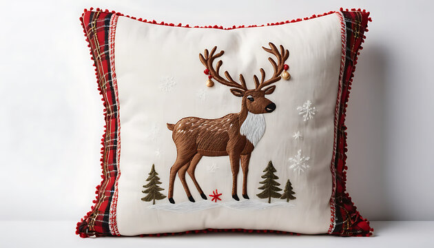 Festive Deer Pillow with Plaid Trim and Holiday Embroidery Detail