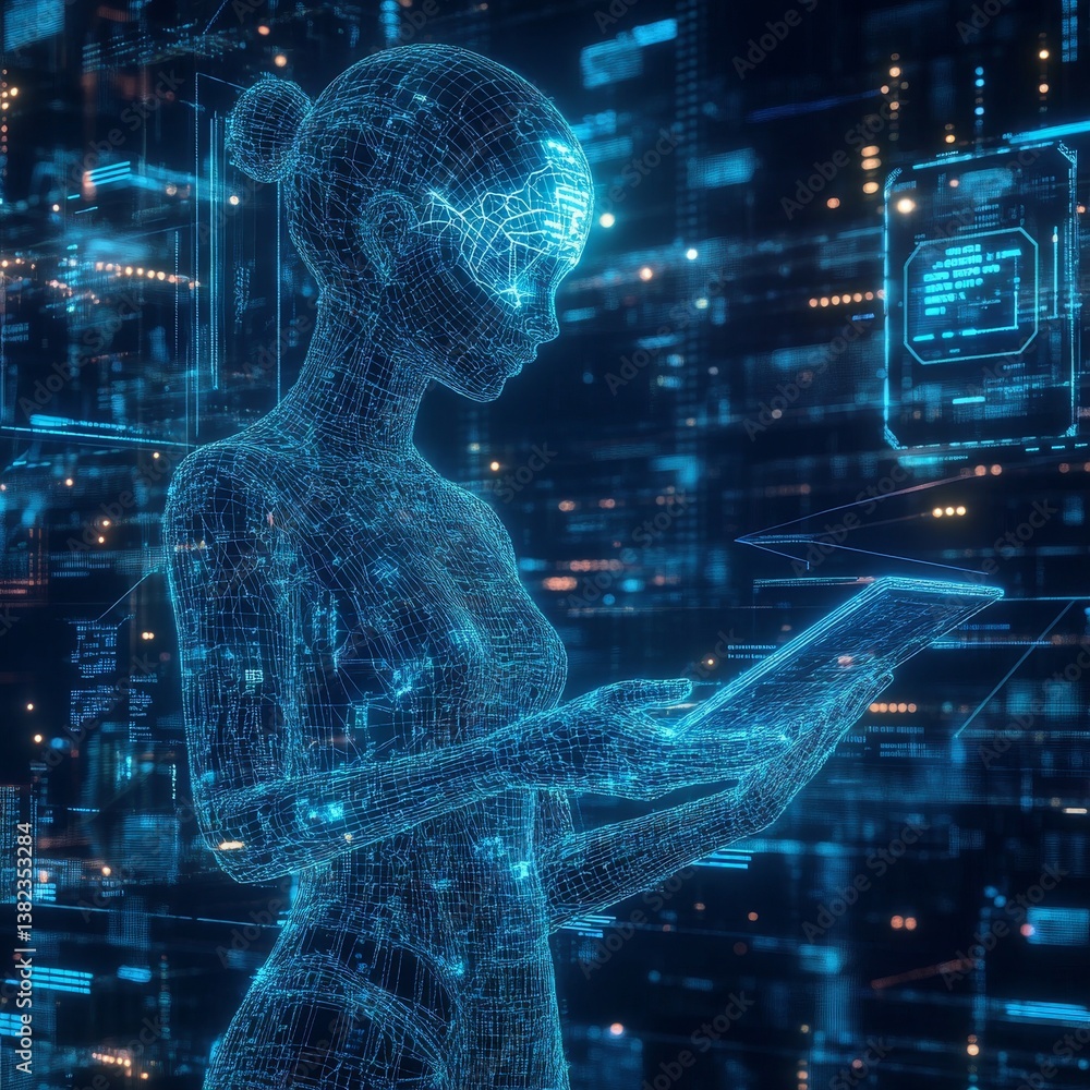 Poster digital frontier: wireframe woman interacting with data on tablet in futuristic virtual environment