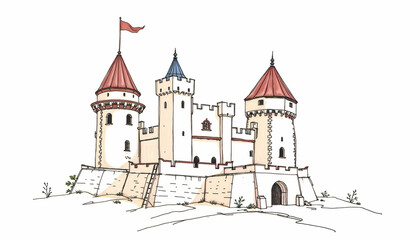 Obraz premium Medieval Castle Illustration: A meticulously illustrated castle, drawn in a charming style, with ramparts, towers, and a flag waving in the wind, evoking stories of royalty and medieval history.