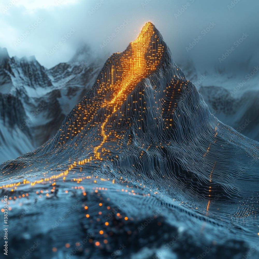 Aufkleber digital mountainscape: glowing data streams carving paths through a snowy abstract peak, representin