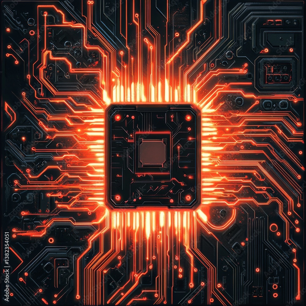 Poster futuristic circuit board with glowing red traces and central processor unit - high tech motherboard 