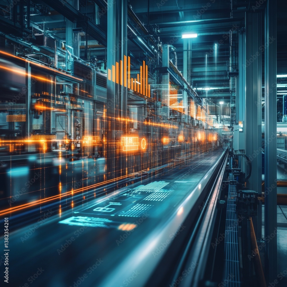 Poster futuristic factory: advanced automation and data visualization in a manufacturing facility