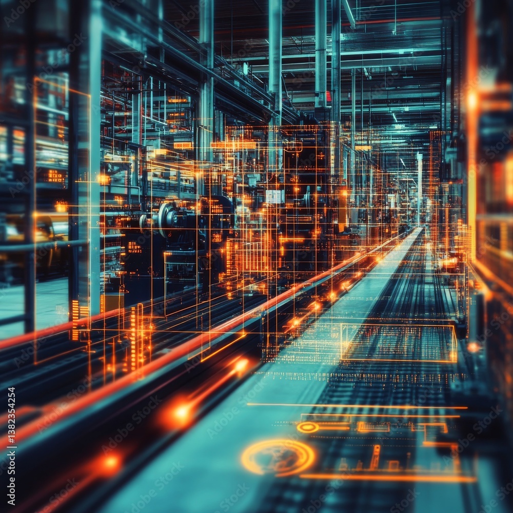 Poster futuristic factory interior: data overlay and conveyor system displaying technological advancement