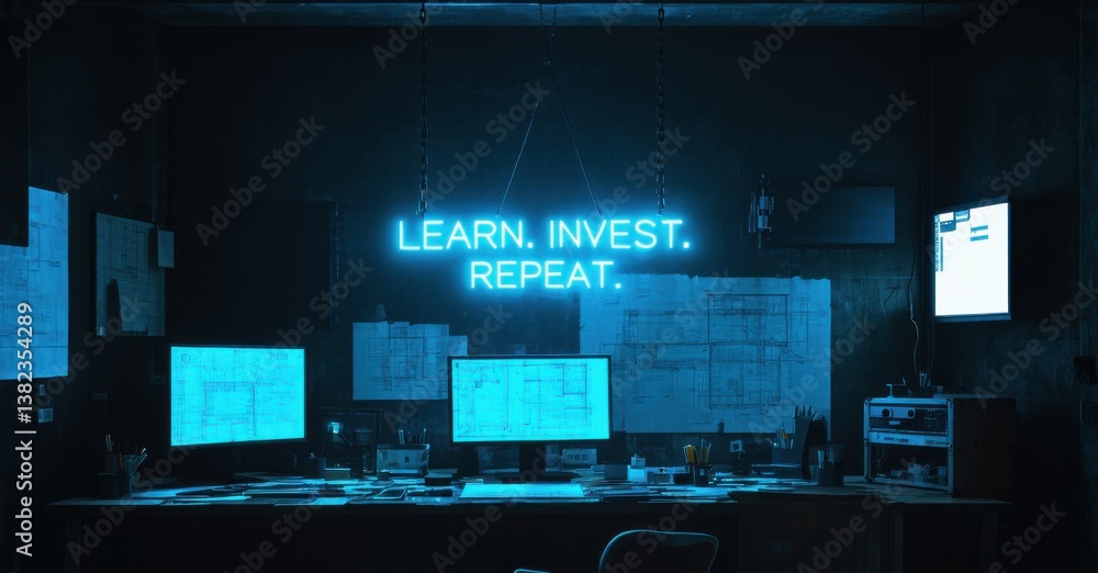 Aufkleber dark room with three monitors displaying blue data visualizations. neon sign reads learn. invest. re