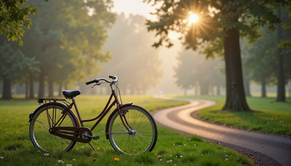 Vintage bicycle in misty park during dawn, serene tranquility