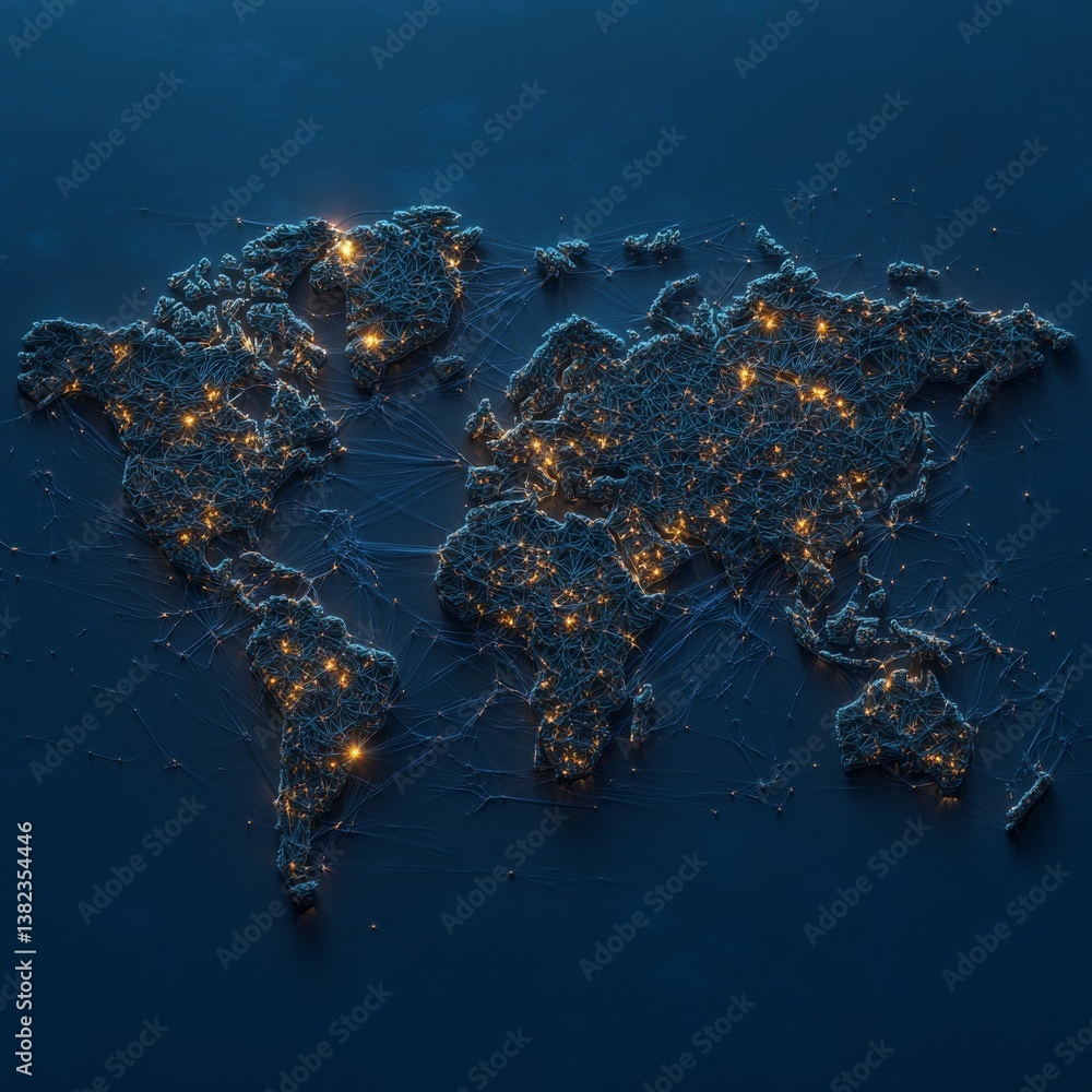 Leinwandbilder global network connectivity: a detailed map of interconnected cities and communication lines with gl
