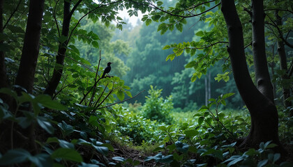Obraz premium Lone bird perched in lush woodland during rain, nature's tranquility