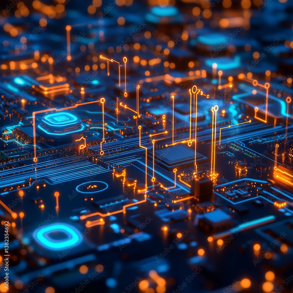 Poster high-tech circuit board with glowing orange and blue lines, futuristic technology design, computer n