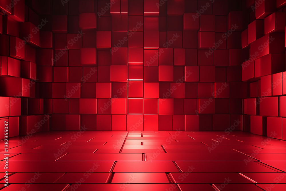 Poster abstract red cubes background with metallic tiles for presentation mockup