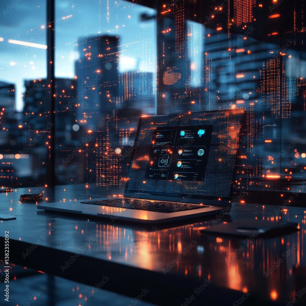 Poster laptop displaying data on modern desk with cityscape and abstract data stream overlay, evening glow