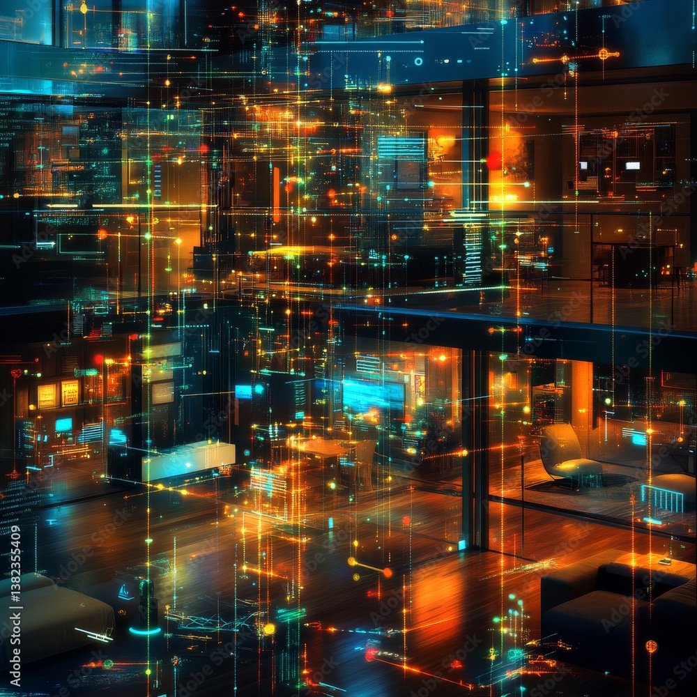 Aufkleber modern interior overlayed with a digital data matrix, reflecting in the floor; future technology con