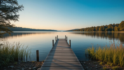 Fototapeta premium Calm Waters: A serene wooden pier extends into a tranquil lake, reflecting the soft hues of a dawn or dusk sky, enveloped by a lush, verdant landscape.