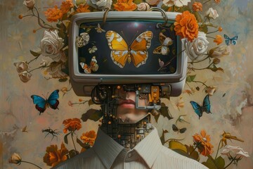 A digital painting featuring a humanoid figure with a vintage television as a head, surrounded by flowers and butterflies, Capturing the fusion of art and artificial intelligence