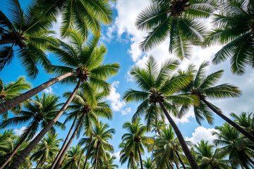 Fototapeta premium Looking Up at Palm Trees: Tropical Paradise View