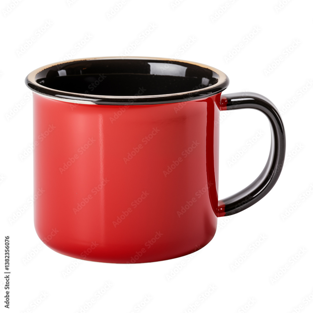 Poster a close up shot of a red mug with a black rim and handle on a in a studio setting on transparent bac