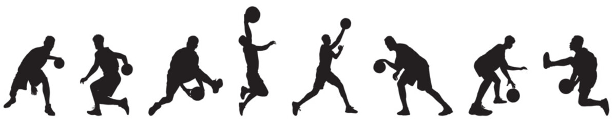 set of basketball player silhouette. Basketball player in various poses. 