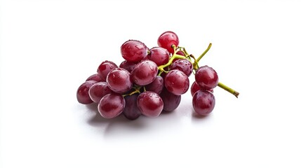 Fototapeta premium Fresh and juicy red grapes arranged on a clean white surface showcasing their vibrant color and water droplets, isolated on white background