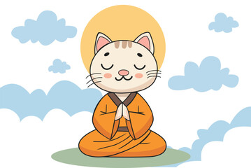 cat buddhist monk in robes meditation on clouds in lotus pose
