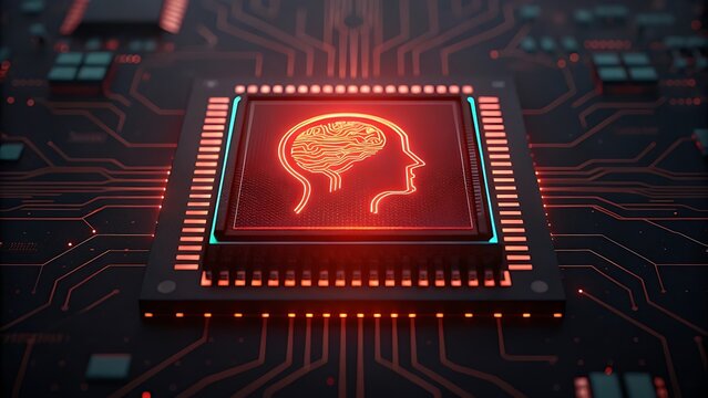 Computer chip with a glowing red brain icon represents AI and human-tech synergy. - Powered by Adobe