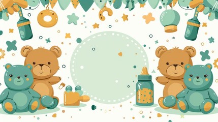Cute illustration featuring teddy bears, baby bottles, and playful elements for a nursery theme.