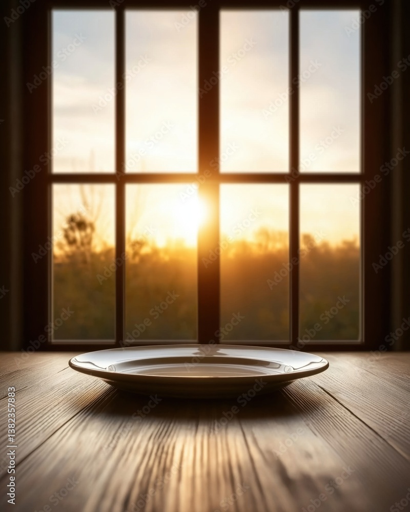 Poster a serene plate sits on a wooden table, framed by a window with a beautiful sunset view in the backgr