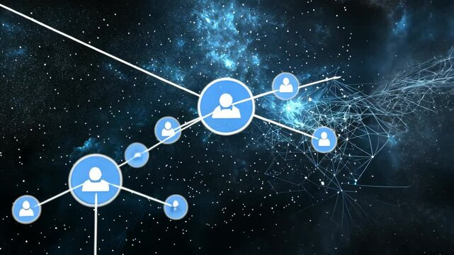 Visual representation of a digital network connecting multiple users in a cosmic backdrop with stars and lines