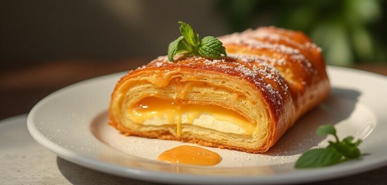 Guava and Cheese Pastry (Quesito) on White Plate with Sugar Glaze