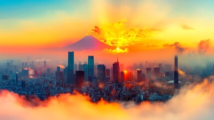 Fototapeta premium Tokyo Skyline Sunset Mt Fujis Fiery Embrace.