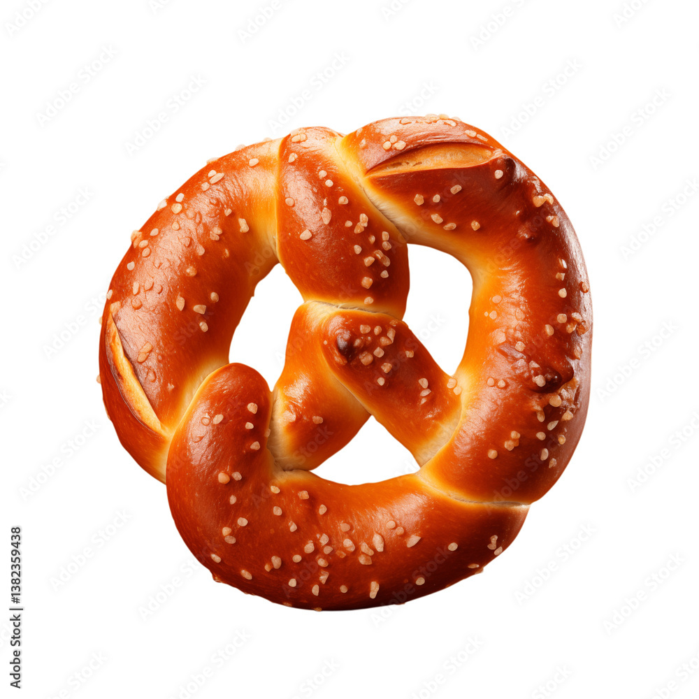 Poster a single pretzel with a shiny surface and salt crystals against a in a close up view on transparent 