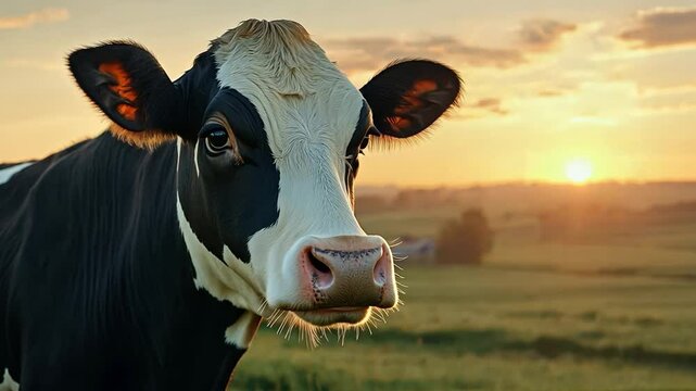 A Holstein cow close-up, its black and white coat contrasting against a golden sunset over a rural farm.