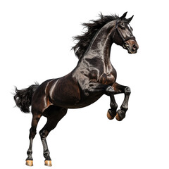 Fototapeta premium A majestic dark horse rearing up on its hind legs against a stark black studio background image view