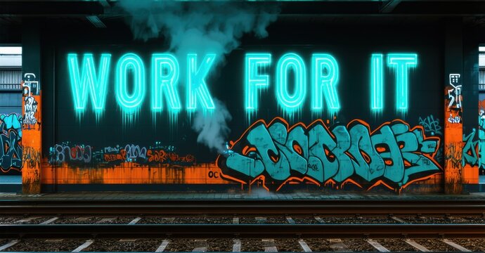 Naklejki Glowing phrase work for it in cyan and orange lighting up corner of graffiti covered train station wall near tracks and rusted poles with steam in air