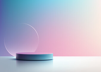 minimalist 3d display stand mockup with blue round platform and glass circle on gradient background product showcase