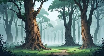 Ancient trees with gnarled trunks in a foggy forest anime cartoon style illustration artwork design background