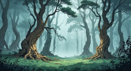 Ancient trees with gnarled trunks in a foggy forest anime cartoon style illustration artwork design background