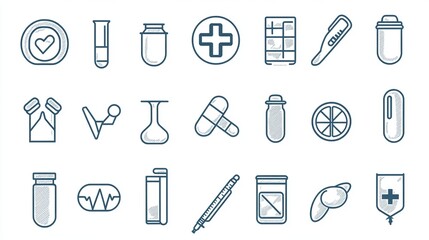 Assortment of medical themed icons including pill bottles thermometers and medical symbols in blue