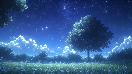 A beautiful nighttime landscape with vibrant trees and a starry sky