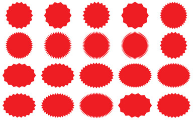 Starburst sale price stickers and labels, star and rosette, sunburst, callout and splash,
 stamp and tag badges. Isolated vector circle and oval red stickers