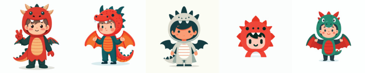 a set of vectors of boys wearing dragon costumes