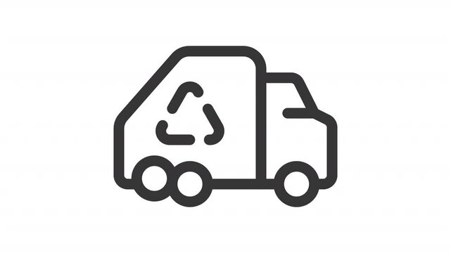Garbage collecting vehicle ui icon line animation. Waste management. Moving wheels, recycle sign. Trash truck animated user interface element isolated on white. HD video with alpha channel